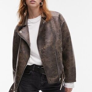 Topshop Distressed Brown Leather Jacket